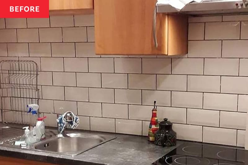 Subway tiles in kitchen before renovation.