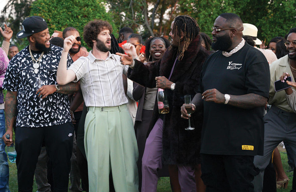 Burd in the current season of Dave with guest star Rick Ross (far right) as well as GaTa (second from right).