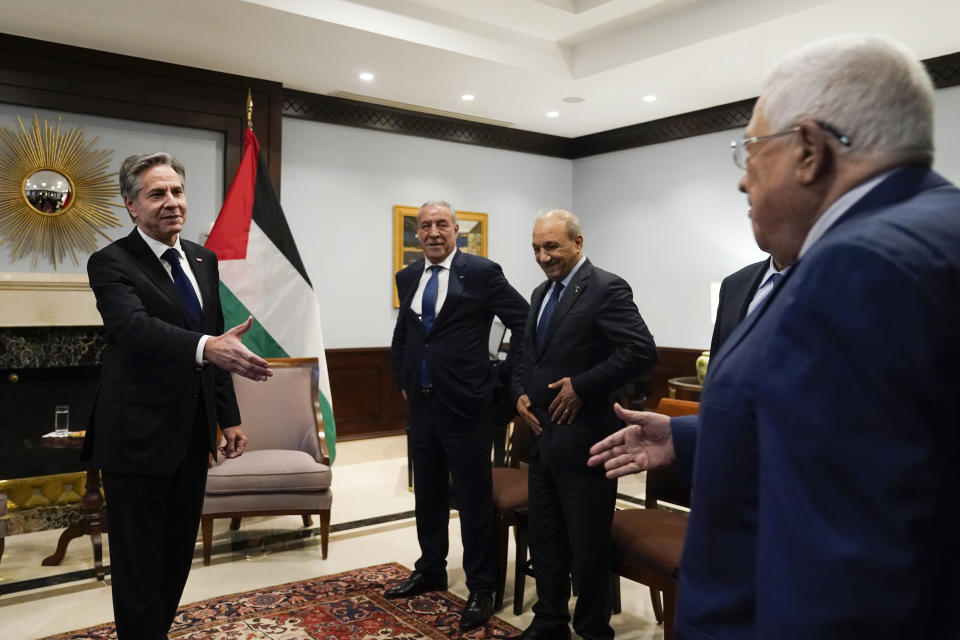 U.S. Secretary of State Antony Blinken meets with Palestinian President Mahmoud Abbas in Amman, Jordan, Tuesday Oct. 17, 2023. (AP Photo/Jacquelyn Martin, Pool)