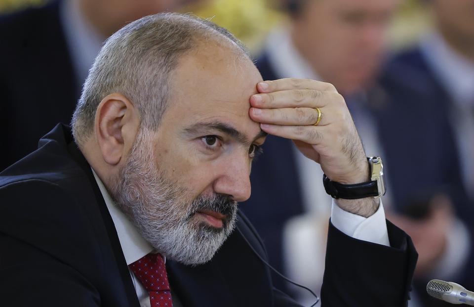 FILE - Armenian Prime Minister Nikol Pashinyan attends a meeting of the Supreme Eurasian Economic Council of the Eurasian Economic Union at the Kremlin in Moscow, Russia, on Wednesday, May 8, 2024. The leader of Armenia has declared his intention to pull out of a Russia-dominated security alliance of several ex-Soviet nations as tensions rise between the two allies. (Evgenia Novozhenina/Pool Photo via AP, File)