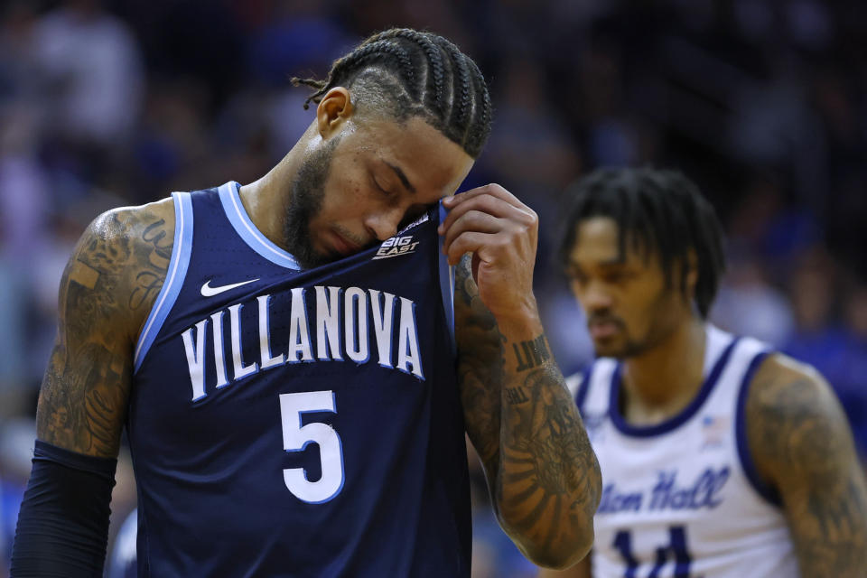 NEWARK, NEW JERSEY - MARCH 6: Justin Moore #5 of the Villanova Wildcats in action against the Seton Hall Pirates during a game at Prudential Center on March 6, 2024 in Newark, New Jersey. (Photo by Rich Schultz/Getty Images)