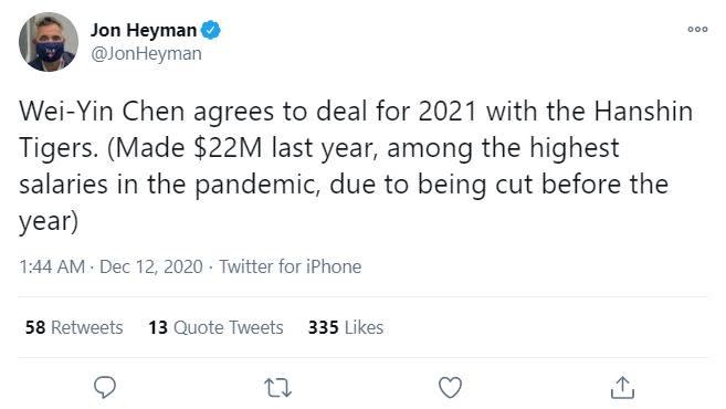 海曼（Jon Heyman）在推特披露陳偉殷加盟阪神消息。（圖／翻攝自Jon Heyman推特）
