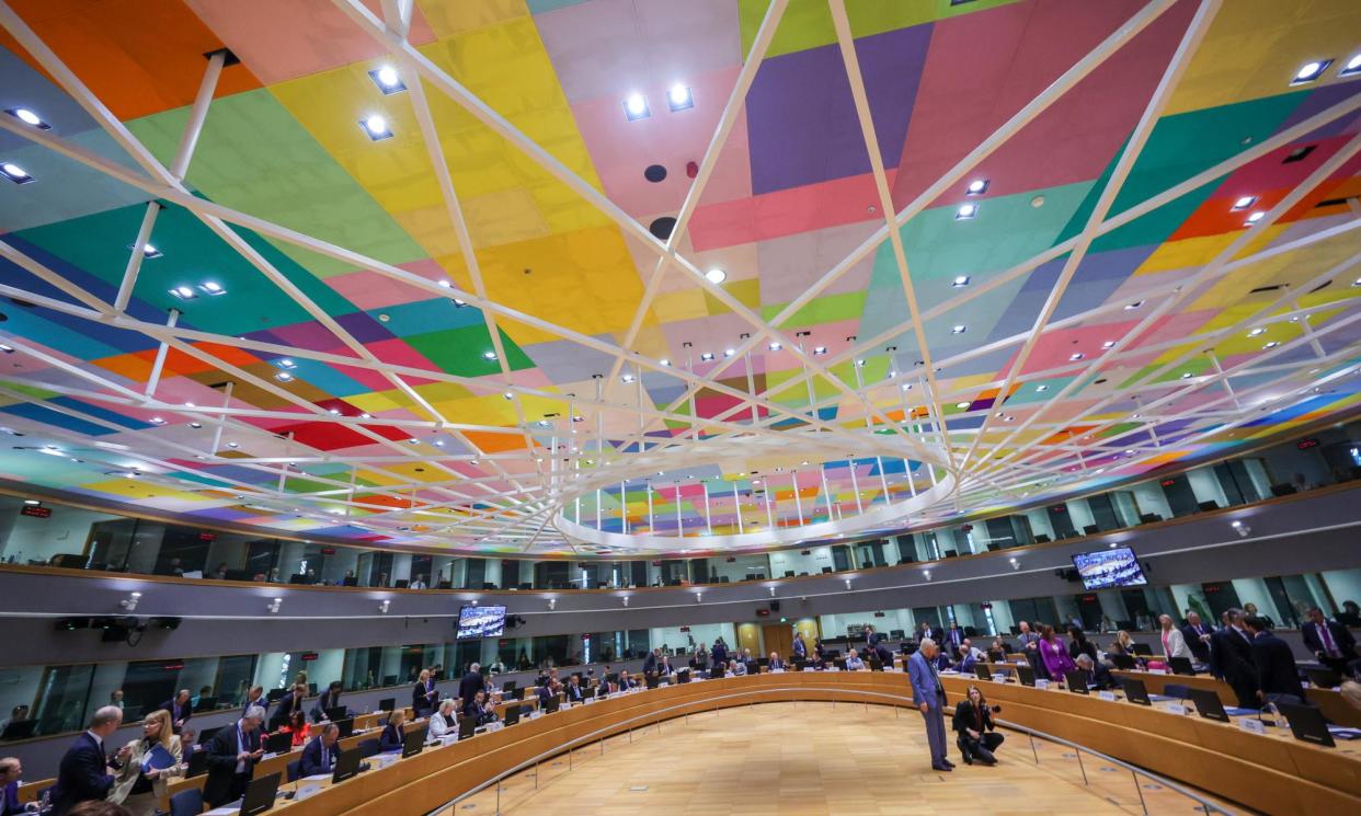 <span>EU delegates preparing to meet last July in the EU foreign affairs council room in Brussels to discuss Ukraine.</span><span>Photograph: Olivier Matthys/EPA</span>