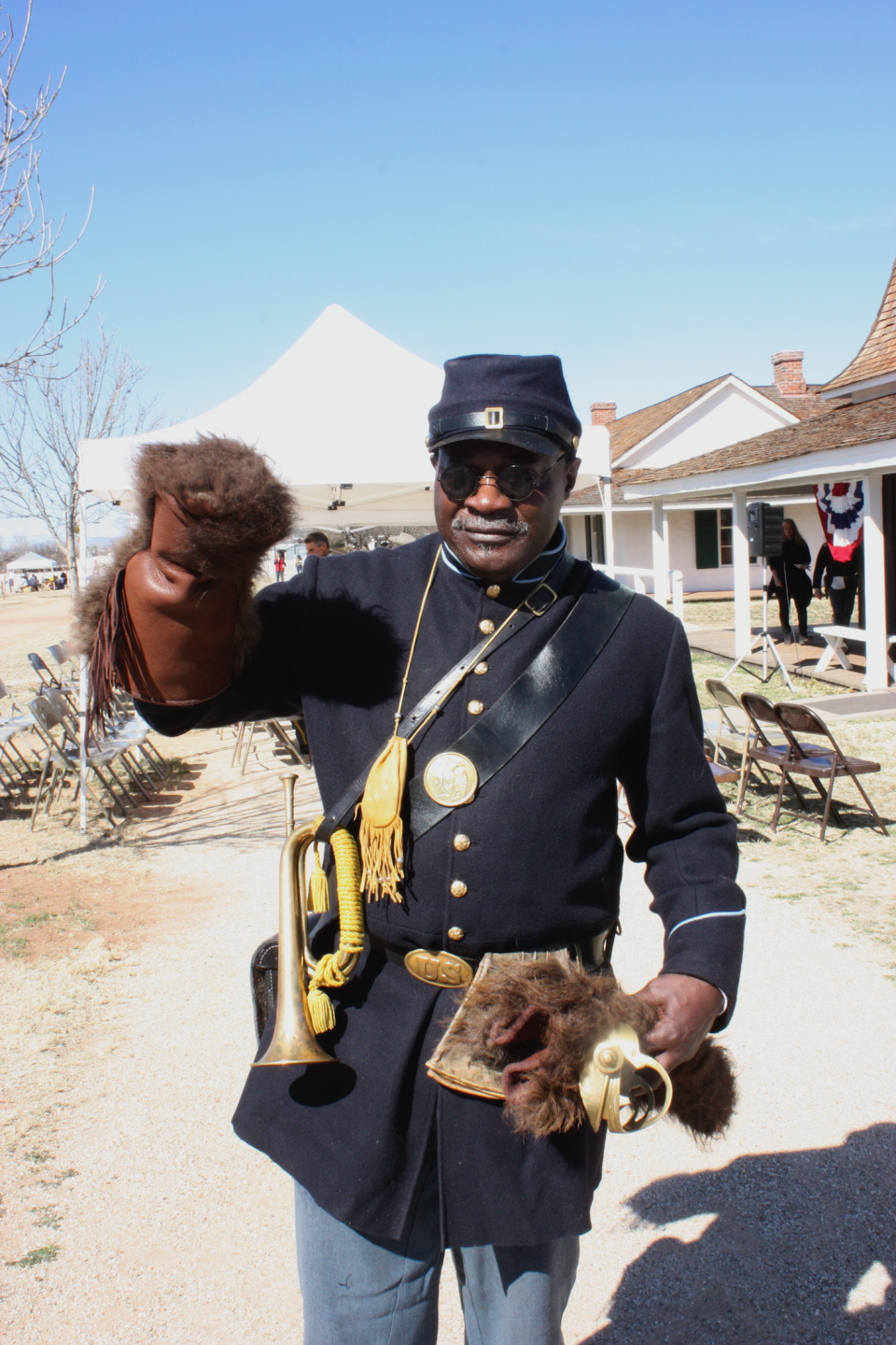 Linus Hinton, founder of the 9th and 10th Calvary Association of Arizona poses for a photo it Fort Verde in Verde Valley, Arizona in one of his many Buffalo Soldier Uniforms.