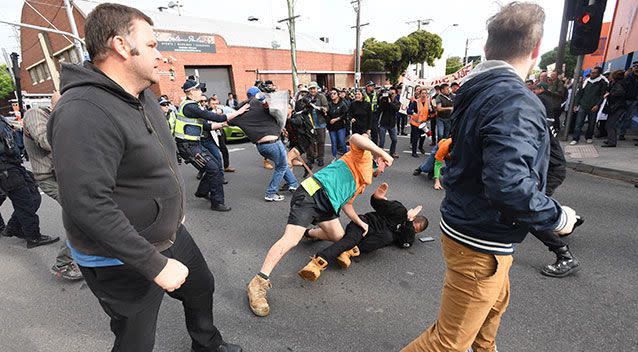 Protestors clashed outside a venue where Milo Yiannopoulos is speaking on Monday night. Source: AAP