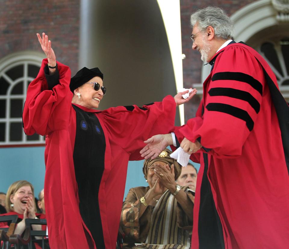 <p>Though Harvard didn't award Ginsburg a degree once she had completed her coursework, the Ivy League college later presented the "advocate extraordinaire" with an honorary degree in 2011. </p><p>When Ginsburg stood up to receive the degree, opera singer Plácido Domingo (right), who also received an honorary degree, <a href="https://www.youtube.com/watch?v=UUYaA48rAfw" rel="nofollow noopener" target="_blank" data-ylk="slk:serenaded her;elm:context_link;itc:0;sec:content-canvas" class="link ">serenaded her</a> with a special Supreme Court verse.</p>