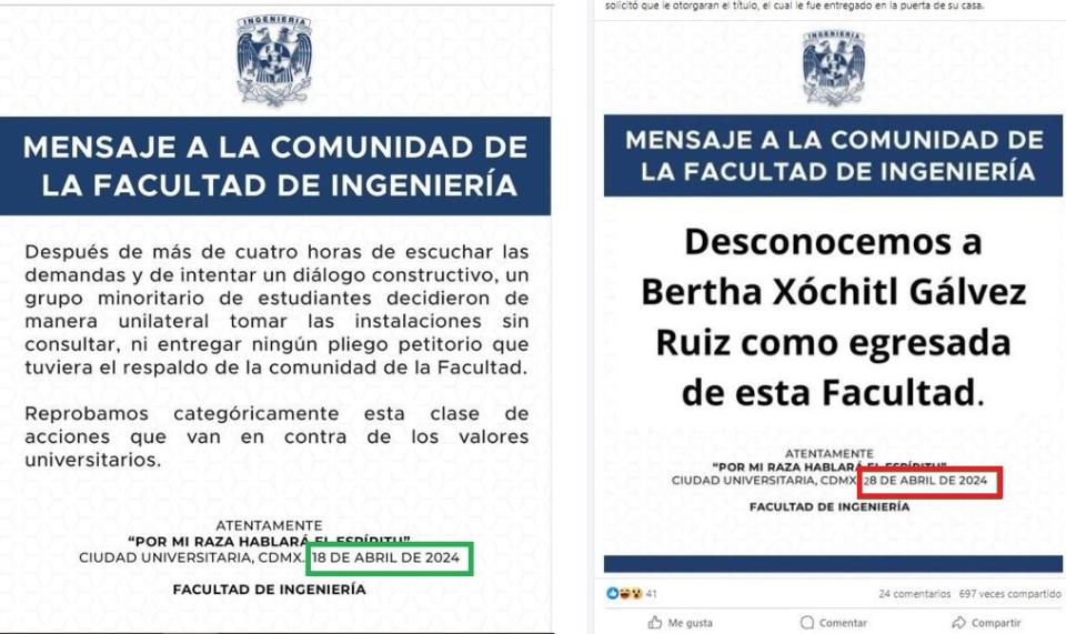 <span>Comparación entre el comunicado emitido por la UNAM el 18 de abril (I) y el que se comparte en redes sociales, hecha el 30 de abril de 2024</span>