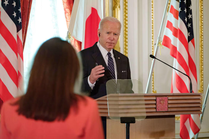 <div class="inline-image__caption"><p>Joe Biden at a press conference in Japan earlier this year said he'd defend Taiwan if it was attacked. </p></div> <div class="inline-image__credit">Photo by Nicolas Datiche - Pool/Getty Images</div>