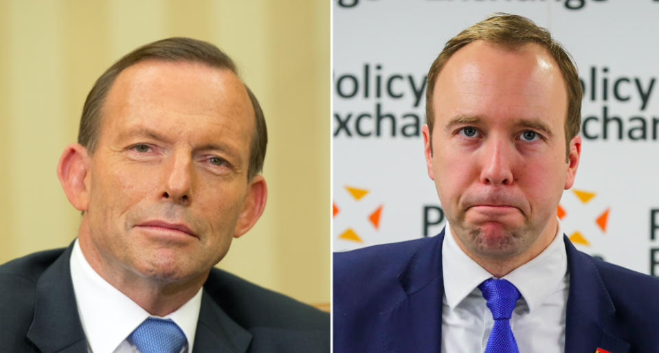 Health Secretary Matt Hancock (right) defended former prime minister of Australia Tony Abbott (left) when questioned over his views. (PA)