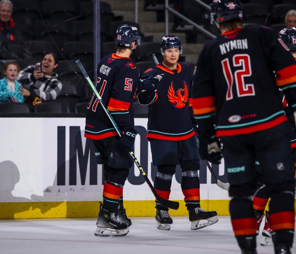 Coachella Valley defenseman Connor Carrick (58) celebrates a goal during the third period of their game at Acrisure Arena in Palm Desert, Calif., Wednesday, April 17, 2024.