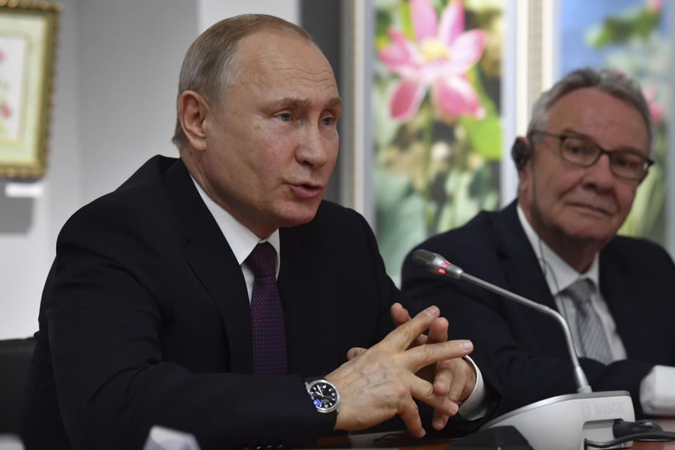 Russian President Vladimir Putin speaks during a meeting with Franch delegation in Simferopol, Crimea, Monday, March 18, 2019. Putin visited Crimea to mark the fifth anniversary of Russia's annexation of Crimea from Ukraine by visiting the Black Sea peninsula. (Yuri Kadobnov/Pool Photo via AP)