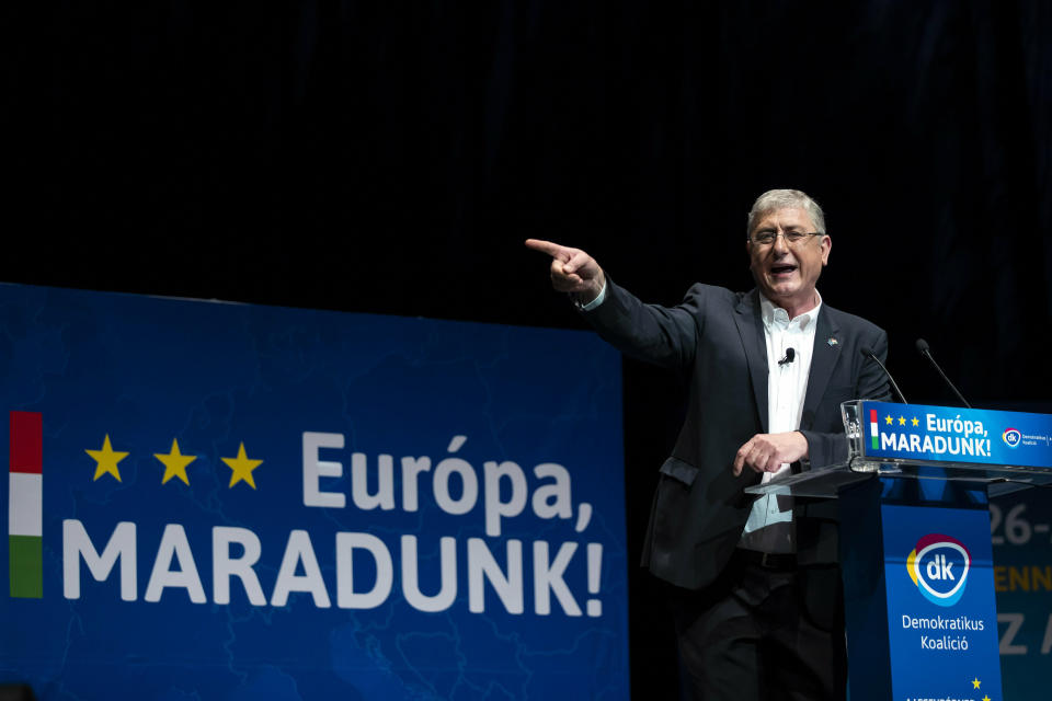 Ferenc Gyurcsany, leader of the leftist opposition Democratic Coalition (DK) speaks during the party's campaign opening event for the European parliamentary elections in Budapest Congress Center in Budapest, Hungary, Sunday, April 14, 2019. The slogan reads: Europe, we stay. (Balazs Mohai/MTI via AP)