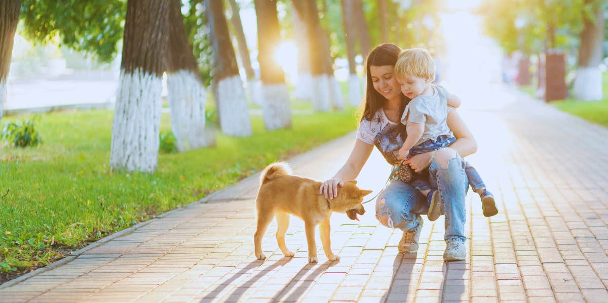 mom, child, and dog