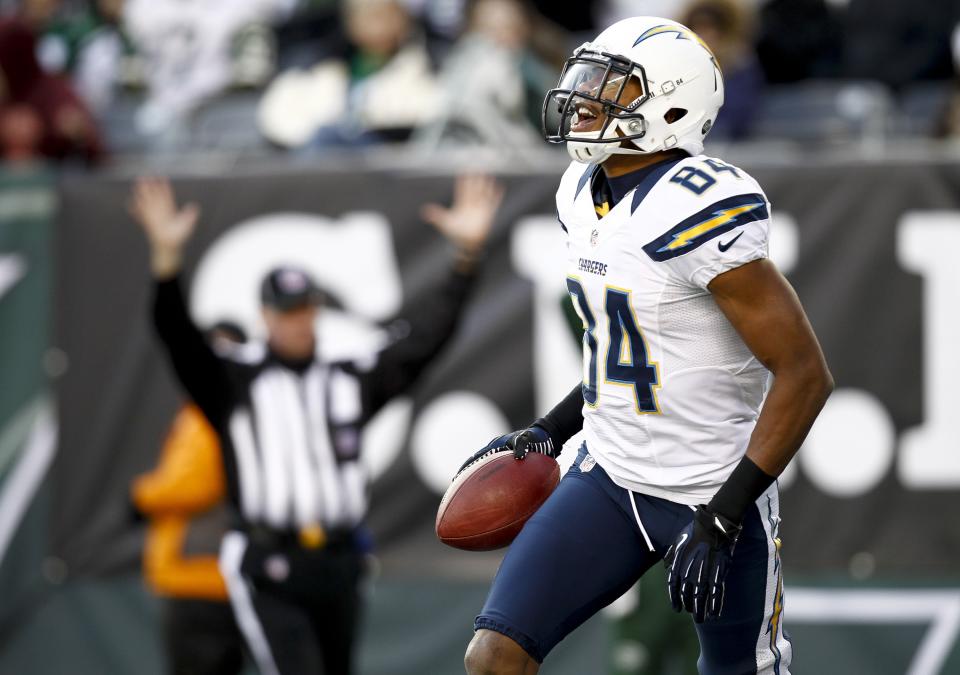 Danario Alexander #84 of the San Diego Chargers celebrates a touchdown against the New York Jets at MetLife Stadium on December 23, 2012 in East Rutherford, New Jersey. (Photo by Jeff Zelevansky /Getty Images)