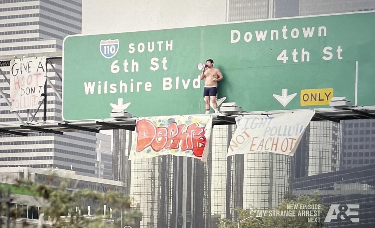 On 'My Strange Arrest,' rapper Dephree explains the stunt that shut down a Los Angeles freeway and earned him some jail time (A&E).