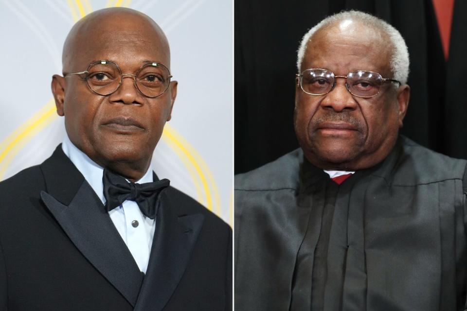 NEW YORK, NY - JUNE 12: Samuel L. Jackson attends The 75th Annual Tony Awards - Arrivals on June 12, 2022 at Radio City Music Hall in New York City. (Photo by Sean Zanni/Patrick McMullan via Getty Images); WASHINGTON, DC - NOVEMBER 30: United States Supreme Court Associate Justice Clarence Thomas poses for the court's official portrait in the East Conference Room at the Supreme Court building November 30, 2018 in Washington, DC. Earlier this month, Chief Justice Roberts publicly defended the independence and integrity of the federal judiciary against President Trump after he called a judge who had ruled against his administration’s asylum policy “an Obama judge.” “We do not have Obama judges or Trump judges, Bush judges or Clinton judges,” Roberts said in a statement. “What we have is an extraordinary group of dedicated judges doing their level best to do equal right to those appearing before them. That independent judiciary is something we should all be thankful for.” (Photo by Chip Somodevilla/Getty Images)