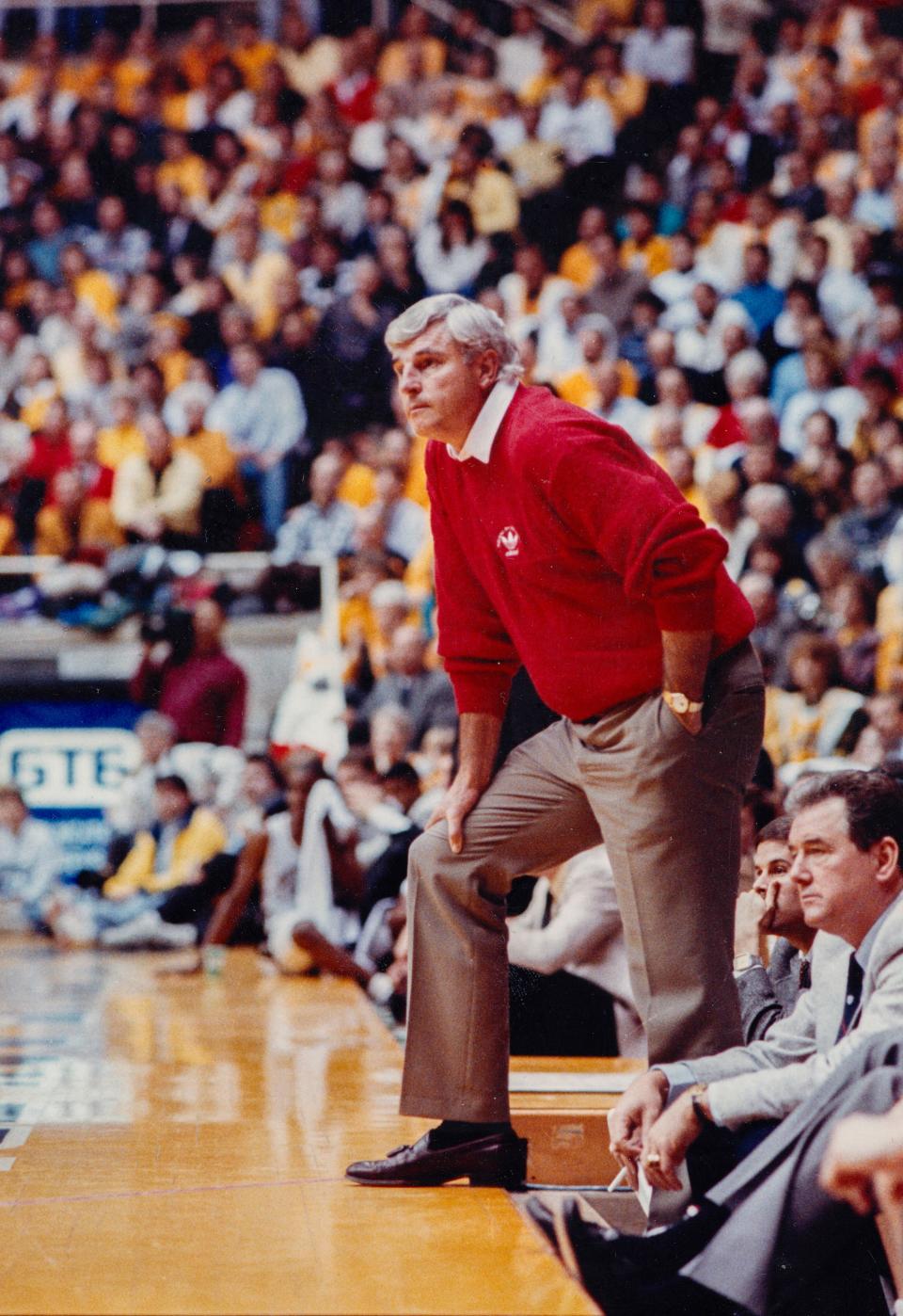 Indiana University Men's basketball coach Bob Knight looks out on the court at Mackey Arena during a game against the Purdue Boilermakers.