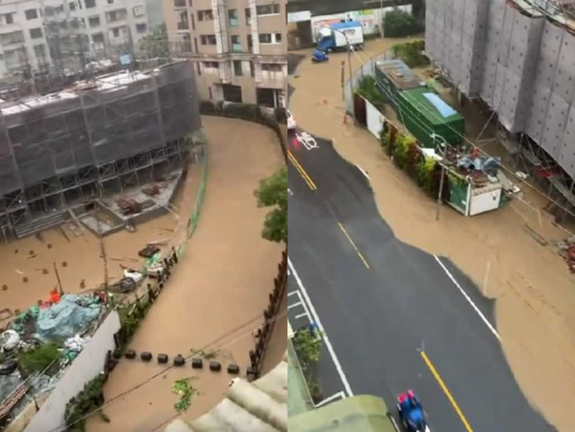 五股區御成路有不少建案正在施工，大雨沖刷土石與建築本體，造成附近水溝滾滾黃流。（圖／翻攝自臉書）