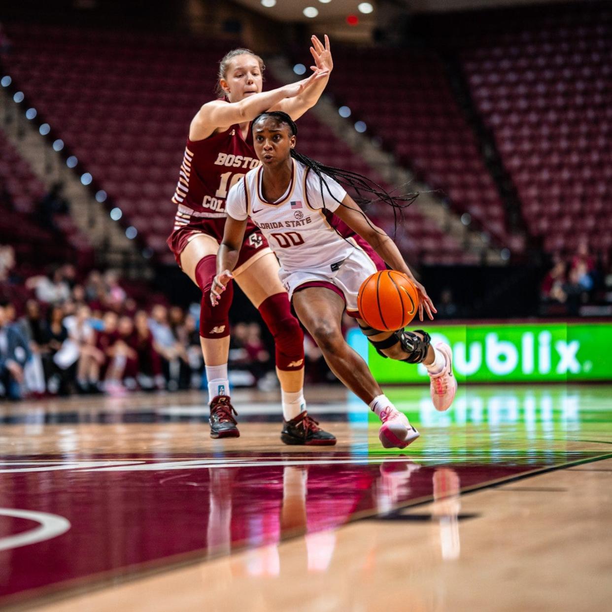 Ta'Niya Latson drives against Boston College in an ACC game on Thursday, Feb. 22, 2024 at the Donald L. Tucker Civic Center.