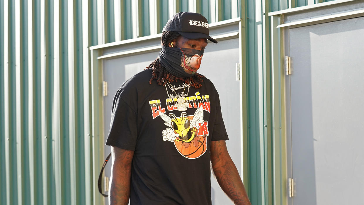 ORLANDO, FL - AUGUST 25: Montrezl Harrell #5 of the LA Clippers arrives to the arena before Round One, Game Five of the NBA Playoffs against the Dallas Mavericks on August 25, 2020 in Orlando, Florida at AdventHealth Arena. NOTE TO USER: User expressly acknowledges and agrees that, by downloading and/or using this photograph, user is consenting to the terms and conditions of the Getty Images License Agreement.  Mandatory Copyright Notice: Copyright 2020 NBAE (Photo by Jesse D. Garrabrant/NBAE via Getty Images)