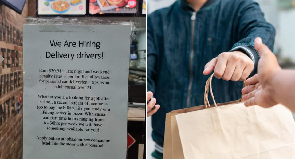 A photo of a Domino's ad at the front of a store in Noosa, Queensland. A photo of a delivery driver giving a customer their order in a paper bag.