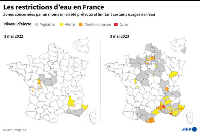 Carte des restrictions d&#x002019;eau par d&#xe9;partement en France au 3&nbsp;mai 2023. 
