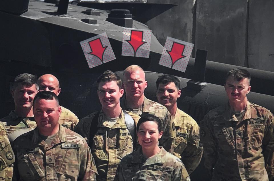 A photo taken in April in Iraq shows James Rogers, Charles Nord and Kort Plantenberg while deployed. The photo was on display during a press conference Saturday, Dec. 7, 2019, at the Army Aviation Support Facility in St. Cloud. The three were killed Thursday when their UH-60 Black Hawk crashed near Marty. 