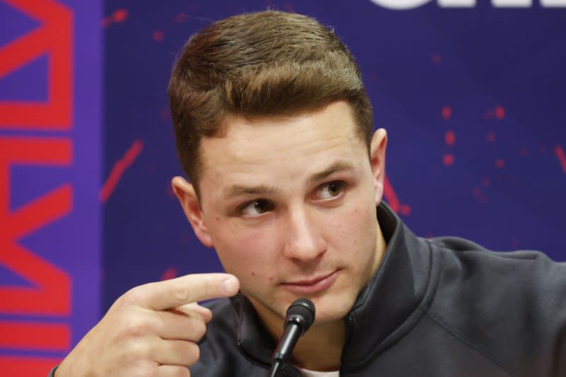 San Francisco 49ers quarterback Brock Purdy speaks to the media Monday at Allegiant Stadium in Las Vegas. Photo by John Angelillo/UPI