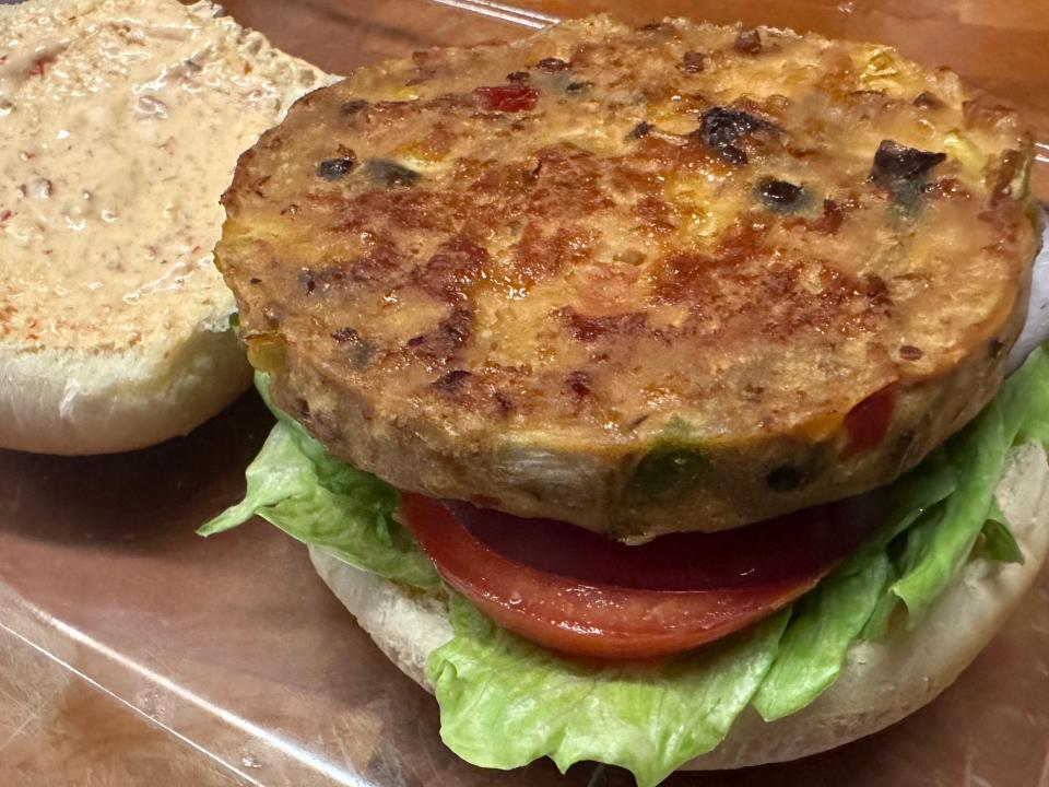 black bean burger on bun with lettuce