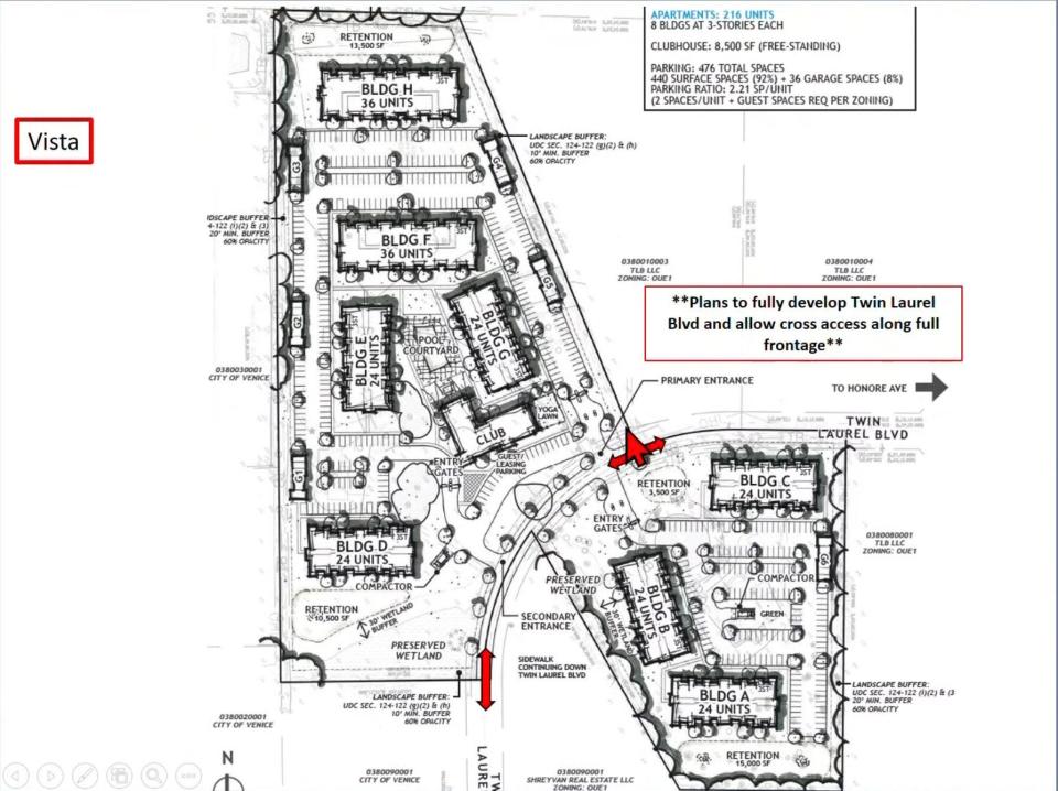 This rendering shows Laurel Vista, a planned 216-unit multifamily development along the Twin Laurel Boulevard easement, located just west of Twin Laurel. Beck Daniel, the developer of Twin Laurel was one of several people who asked the Sarasota County Commission to tie approvals needed for the development of Twin Laurel to proceed to a commitment to allow access to Honore Avenue through the eastern section of Twin Laurel Boulevard.