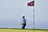 Jordan Spieth watches his shot on the 14th green during a practice round of the U.S. Open Golf Championship, Tuesday, June 15, 2021, at Torrey Pines Golf Course in San Diego. (AP Photo/Marcio Jose Sanchez)