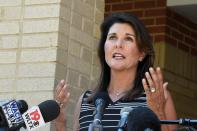 FILE - Former South Carolina Gov. Nikki Haley speaks with reporters after a campus tour of South Carolina State University on April 12, 2021, in Orangeburg, S.C. (AP Photo/Meg Kinnard)