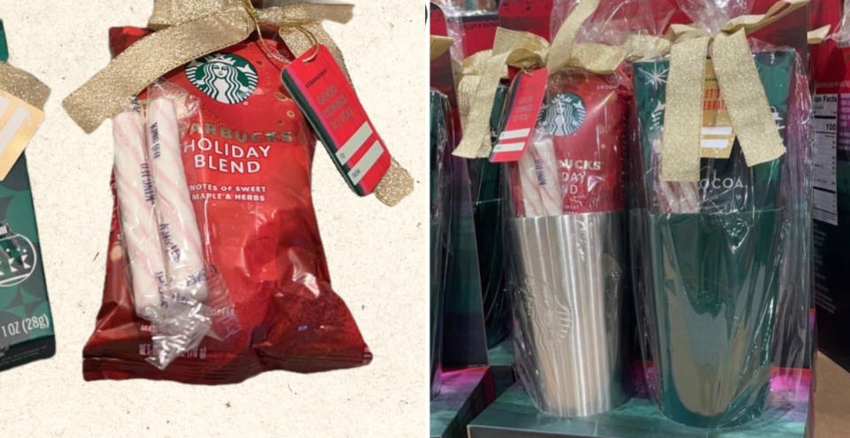 星巴克2022年聖誕限量杯 5：美國限定雙杯組聖誕禮包 美國Starbucks星巴克 2022 新款設計的聖誕禮物組，含有兩個獨立包裝的銹鋼杯子(附杯蓋)，可以拿來分送禮物、交換禮物，送禮自用兩相宜，今年設計有別以往mark為壓印更有質感，除了杯子外還有1包烘培研磨速溶咖啡粉 70g、1包熱可可 28g、以及2隻軟式薄荷糖。