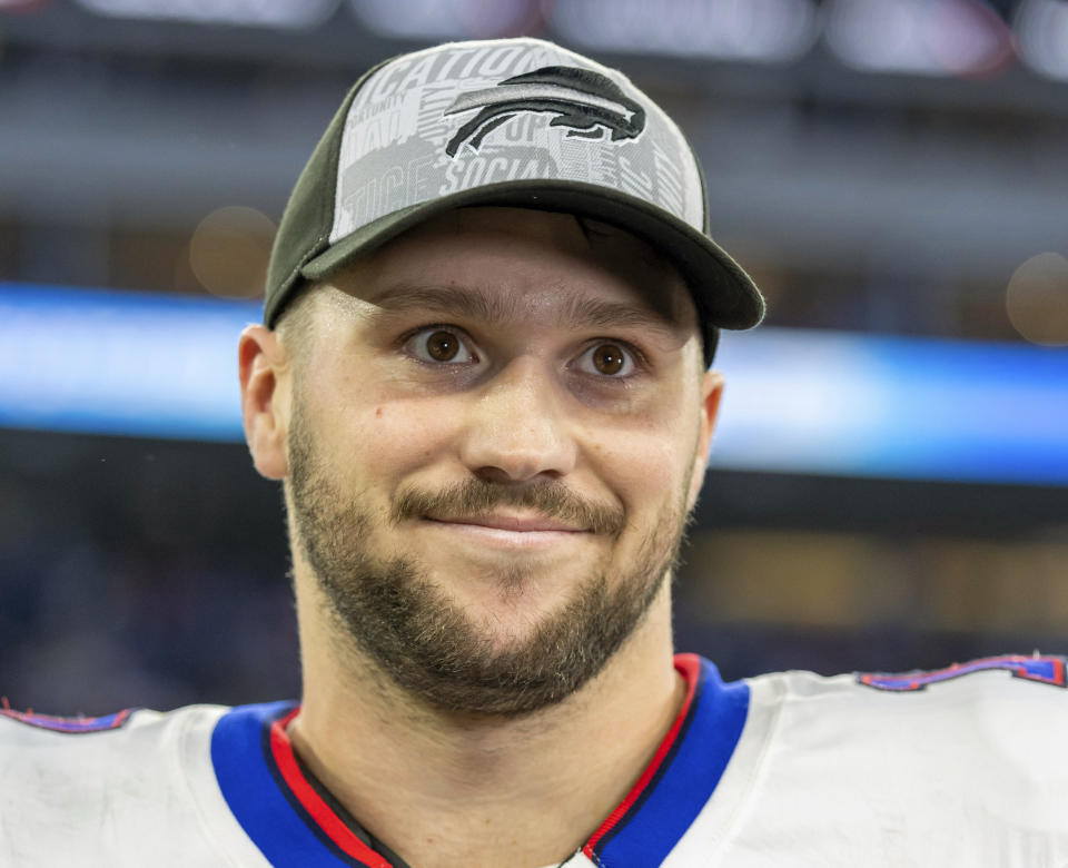 FILE - Buffalo Bills quarterback Josh Allen (17) smiles after the Bills defeat the Los Angeles Chargers 24-22 in an NFL football game, Saturday Dec. 23, 2023, in Inglewood, Calif. Josh Allen is a finalist for The Associated Press 2023 NFL Most Valuable Player award. The winners will be announced at NFL Honors on Feb. 8.(AP Photo/Jeff Lewis, File)