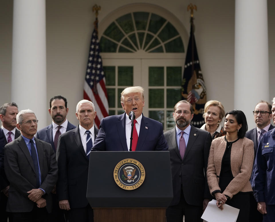 WASHINGTON, DC - MARCH 13:  U.S. President Donald Trump holds a news conference about the ongoing global coronavirus pandemic in the Rose garden at the White House March 13, 2020 in Washington, DC. Trump is facing a national health emergency as COVID-19 cases continue to rise and 30 people have died from the virus in the United States, according to The Center for Systems Science and Engineering at Johns Hopkins University. (Photo by Drew Angerer/Getty Images)