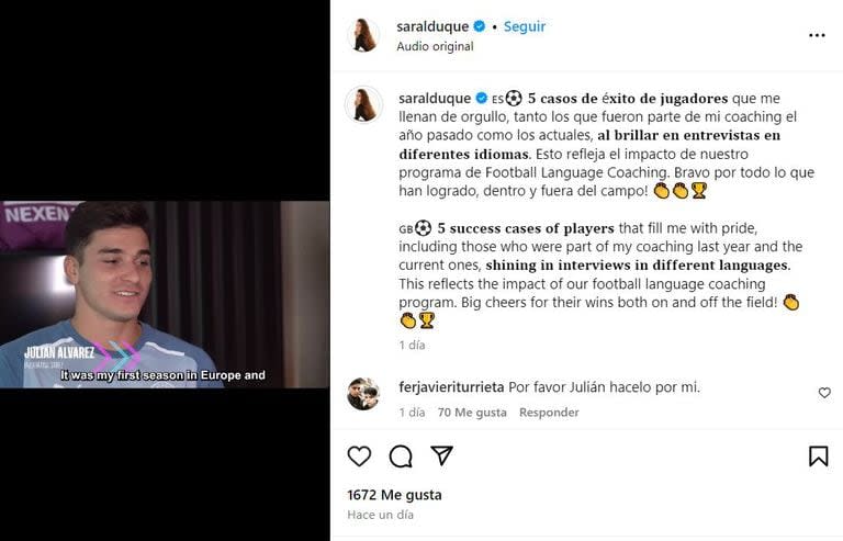 Sara Duque destacó el progreso de Julián Álvarez