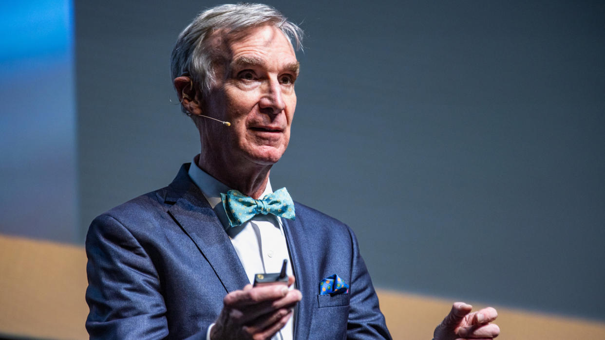  Bill Nye, an author, science educator, inventor, engineer, comedian and Emmy Award-winning television presenter, talks about his new series "The End is Nye" at Meridian Hall on March 29, 2023 in Toronto, Ontario. 