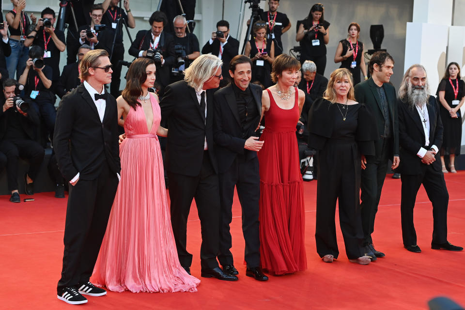 VENICE, ITALY - SEPTEMBER 08: (R-L) Warren Ellis, Jeremy Kleiner, Dede Gardner, Julianne Nicholson, Adrien Brody, director Andrew Dominik, Ana de Armas and Brad Pitt attend the "Blonde" red carpet at the 79th Venice International Film Festival on September 08, 2022 in Venice, Italy. (Photo by Kate Green/Getty Images)