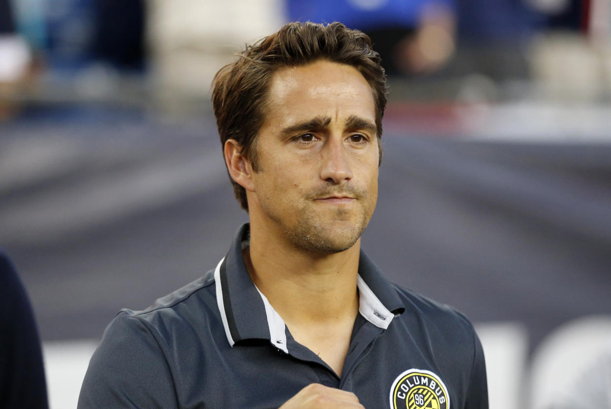 20 August 2016: Columbus Crew assistant coach Josh Wolff during the national anthem. The Columbus Crew SC defeated the New England Revolution 2-0 in a regular season MLS match at Gillette Stadium in Foxborough, MA. (Photograph by Fred Kfoury III/Icon Sportswire via Getty Images)