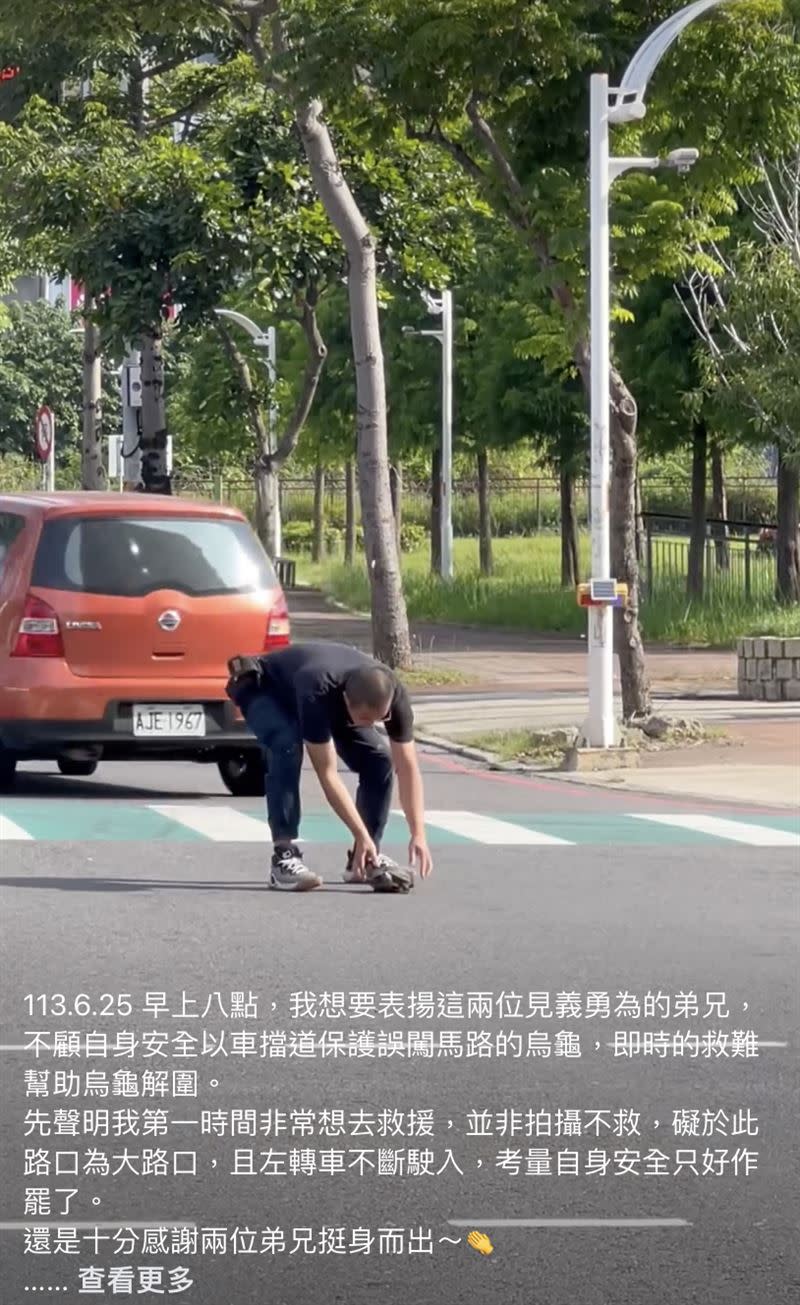 好心民眾下車把烏龜送回一旁的公園。（圖／翻攝自《爆料公社》）