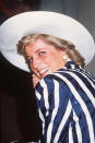 Princess Diana, wearing a navy and white Klein suit, was all smiles while visiting Australia and the Spring Racing carnival in 1985.