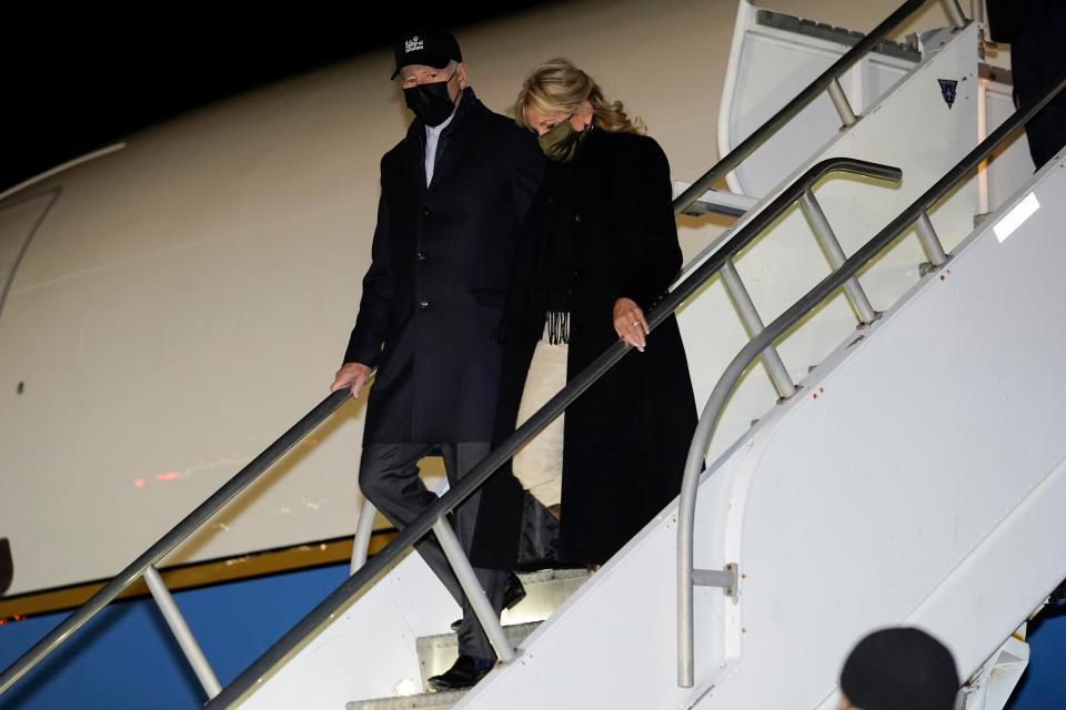 President Joe Biden and first lady Jill Biden arrive on Air Force One at Nantucket Memorial Airport, in Nantucket, Mass., on Nov. 23, 2021.