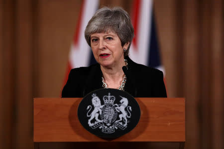 British Prime Minister Theresa May gives a news conference after a cabinet meeting following yesterday's alternative Brexit options vote, outside Downing Street, London, Britain April 2, 2019. Jack Taylor/Pool via REUTERS/Files