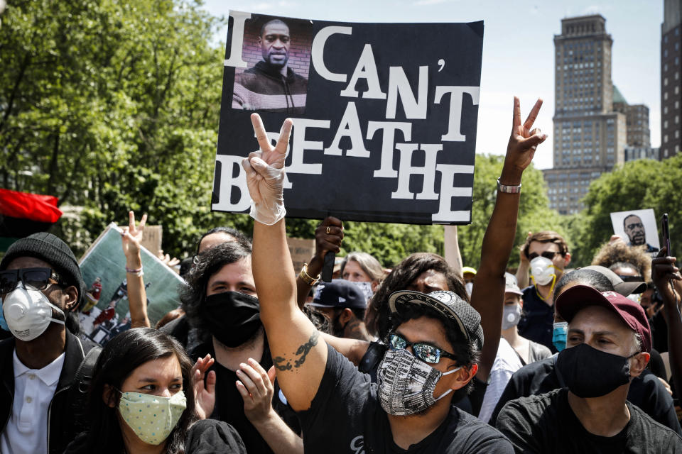 FILE - In this June 4, 2020, file photo, protesters chant during a rally at Cadman Plaza Park, in New York. For most police officers going on trial, the argument that they made a split-second decision in a life-or-death situation often carries significant weight for a jury. It's a reason officers are so rarely convicted. But it's an argument that's almost certainly not available to Derek Chauvin, the fired Minneapolis police officer who goes on trial Monday, March 29, 2021, in George Floyd's death. (AP Photo/John Minchillo, File)