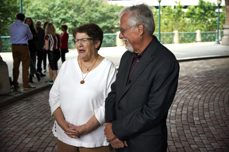 Barbara Caplan, left, and Stephen Cohen, co-Presidents of the New Light congregation, react to the verdict handed down in the capital murder trial of Robert Bowers, who was found guilty, Friday, June 16, 2023, of all 63 charges related to the Oct. 28. 2018, killing of 11 worshipers at the Tree of Life Synagogue in Pittsburgh. It was the deadliest attack on Jewish people in U.S. history. (AP Photo/Gene J. Puskar)