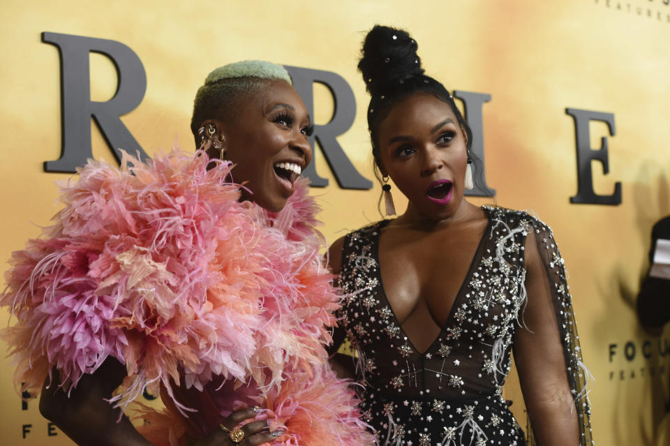 Cynthia Erivo, left, and Janelle Monae arrive at the Los Angeles premiere of "Harriet" at the Orpheum Theatre on Tuesday, Oct. 29, 2019. (Photo by Chris Pizzello/Invision/AP)