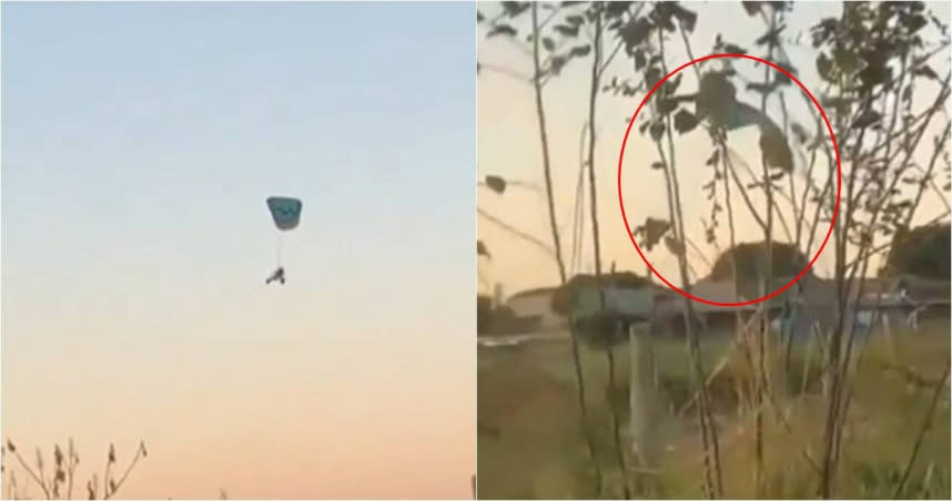 男飛行一半，滑翔傘突然被風箏線割斷，導致瞬間從高空墜地。（圖／翻攝自Twitter）