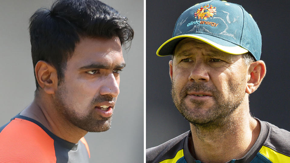 A 50-50 split image shows Ravi Ashwin on the left and Ricky Ponting on the right.