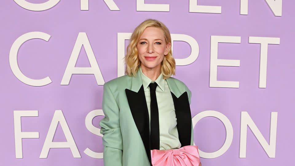 Cate Blanchett wears a Tom Ford<strong> </strong>tux to the Green Carpet Fashion Awards 2023. - Dave Benett/Getty Images