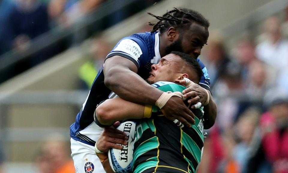 <span>Bath’s Beno Obano tackles Juarno Augustus in last season’s Premiership final, earning himself a red card.</span><span>Photograph: Steve Bardens/Getty Images</span>